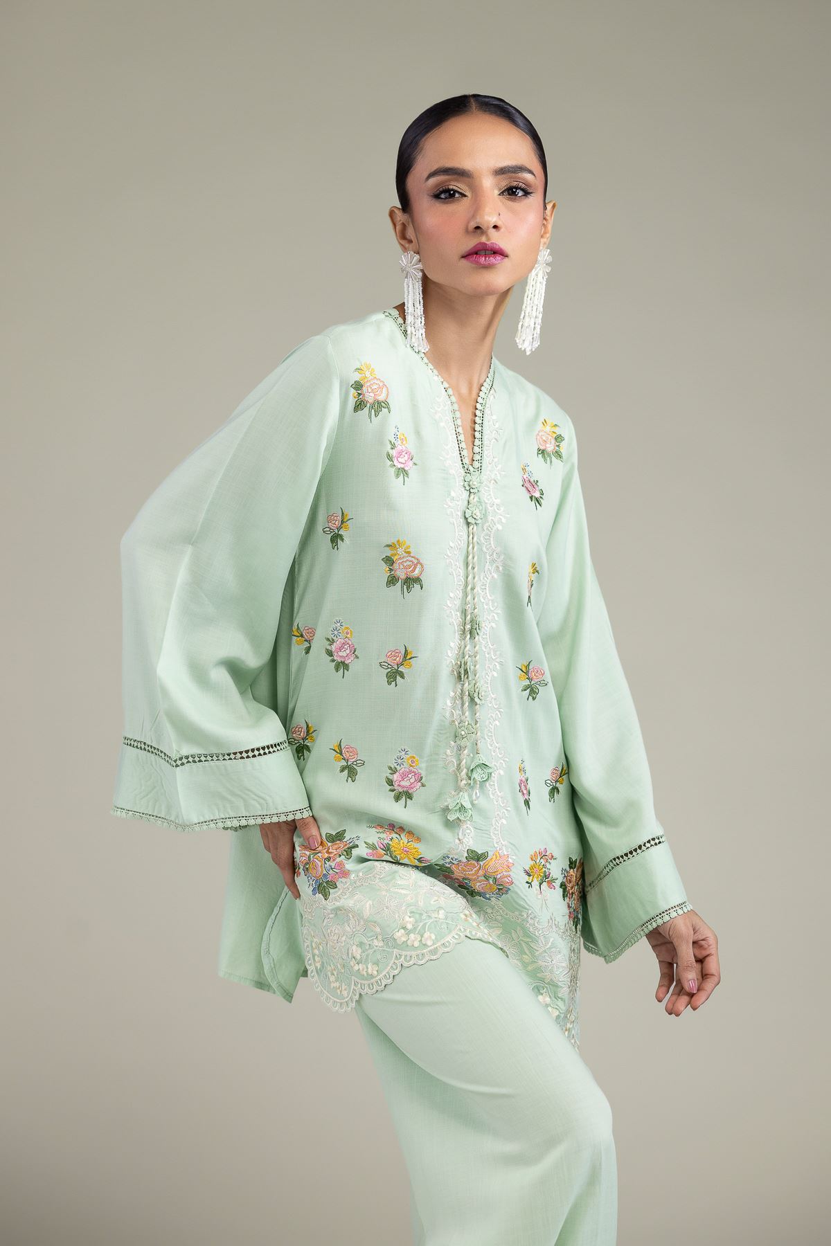 Embroidered Raw Silk Mint Silk Kurta - T-A11-26-114FF1-VG