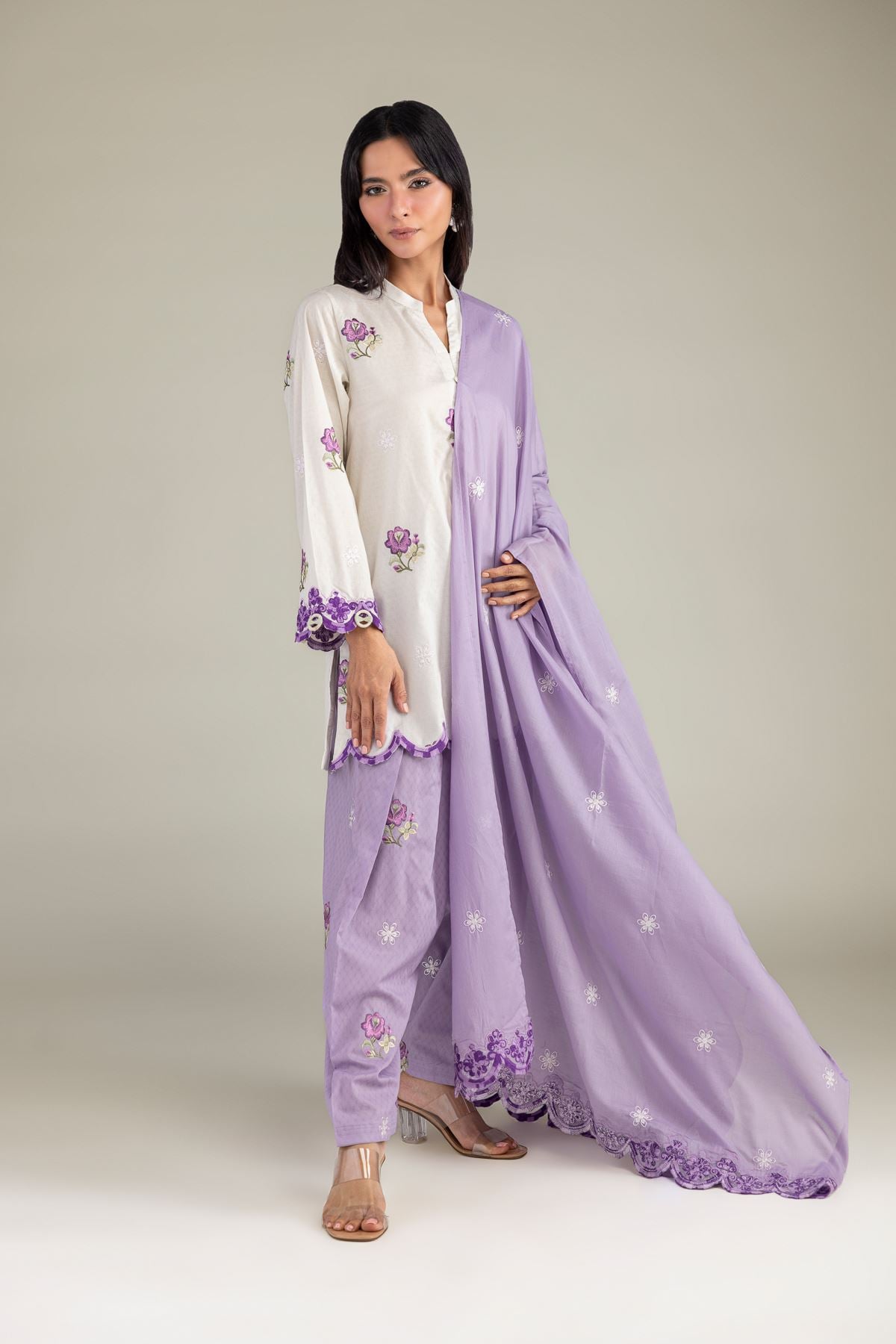 Embroidered Cotton Dobby Floral V-Neck Kurta - 1-26-322-B-A1-VG