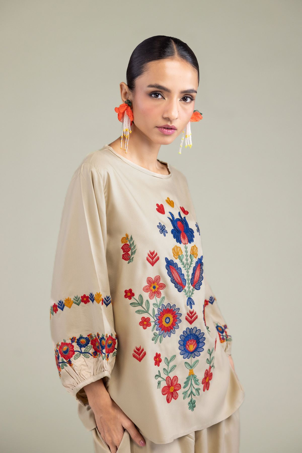 Embroidered Viscose Crepe Floral Beige Blouse - 6-26-202-A-G1-VG