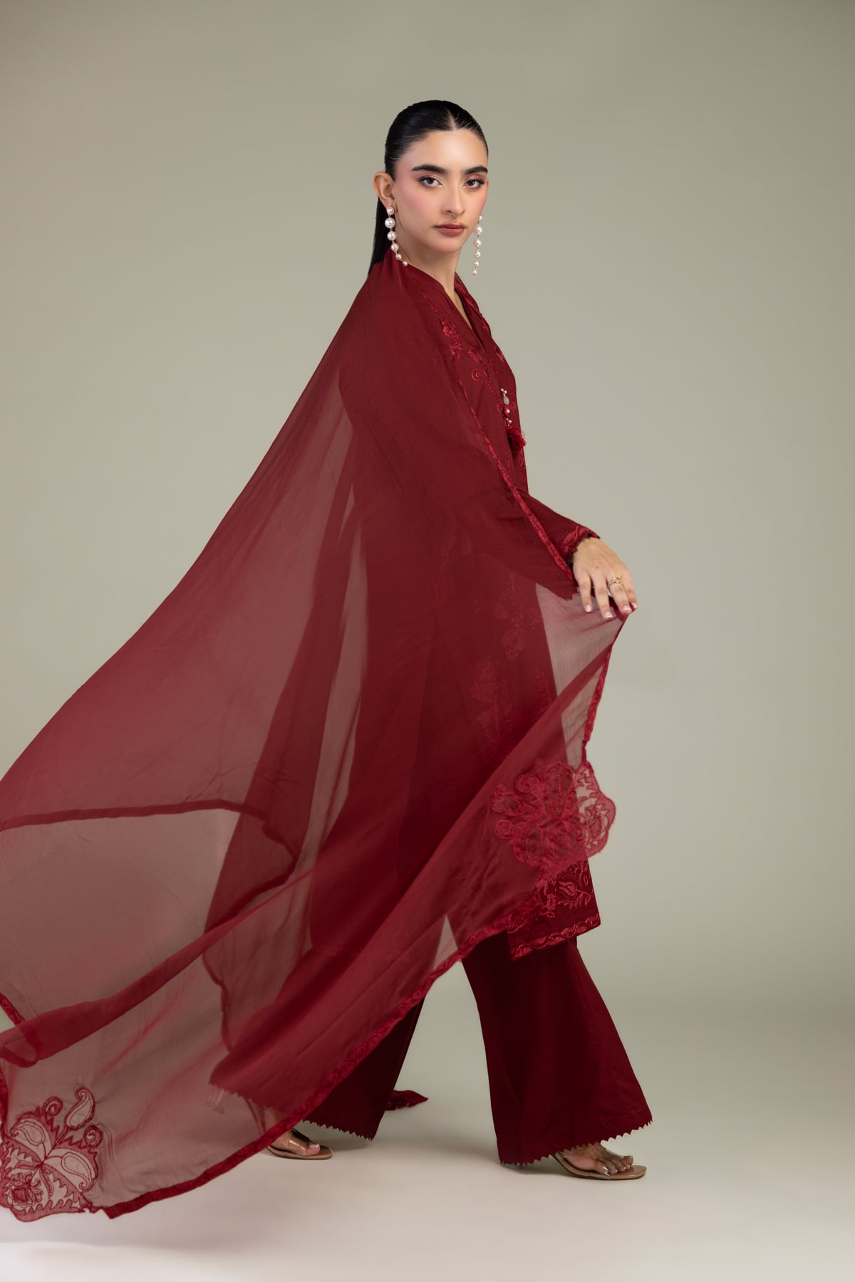 Embroidered Chiffon Maroon Chiffon Dupatta - 1-26-309-B-D1-VG