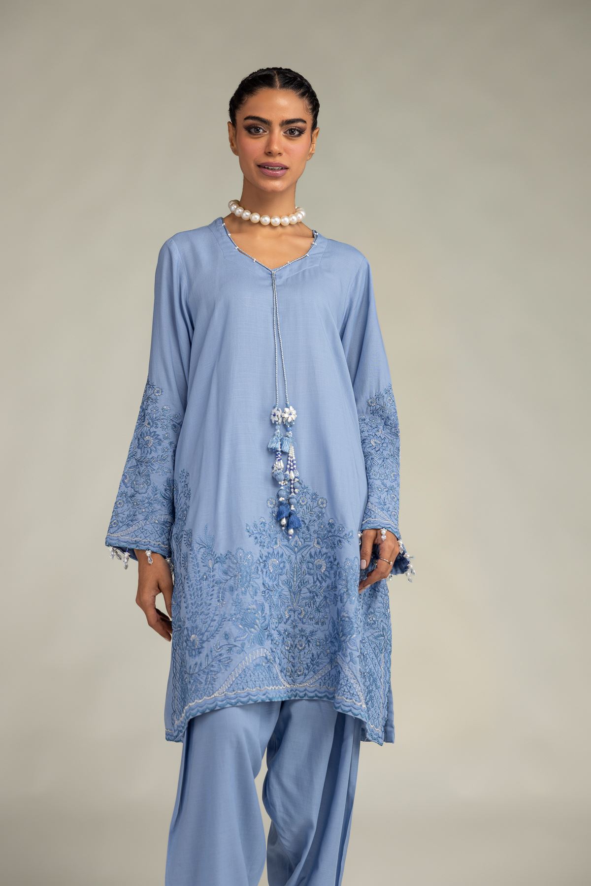 Embroidered Raw Silk Light Blue Kurta - 1-26-322-B-A1-VG