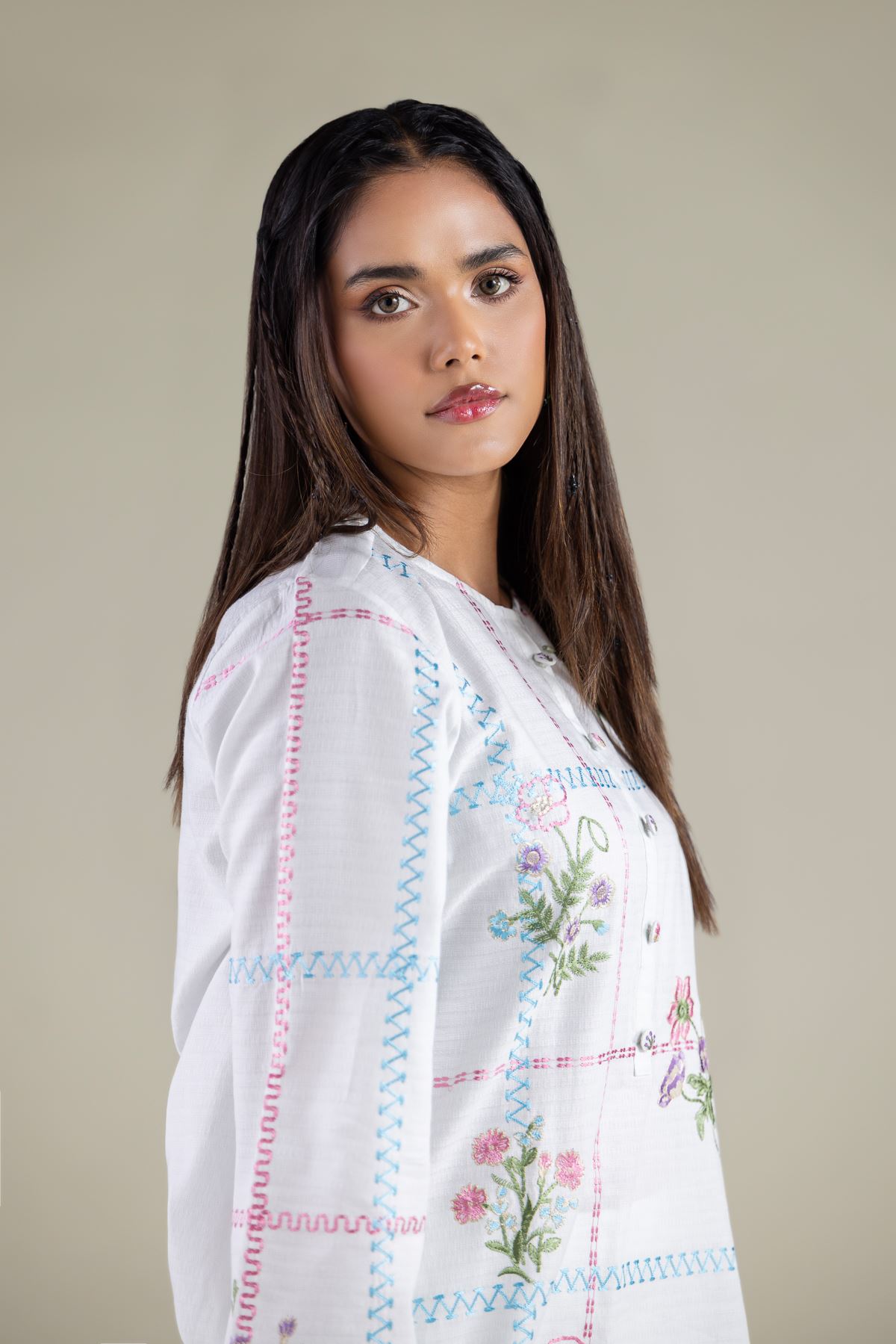 Embroidered Cotton Dobby Buttoned Floral Kurta - 1-26-105-A-H-VG