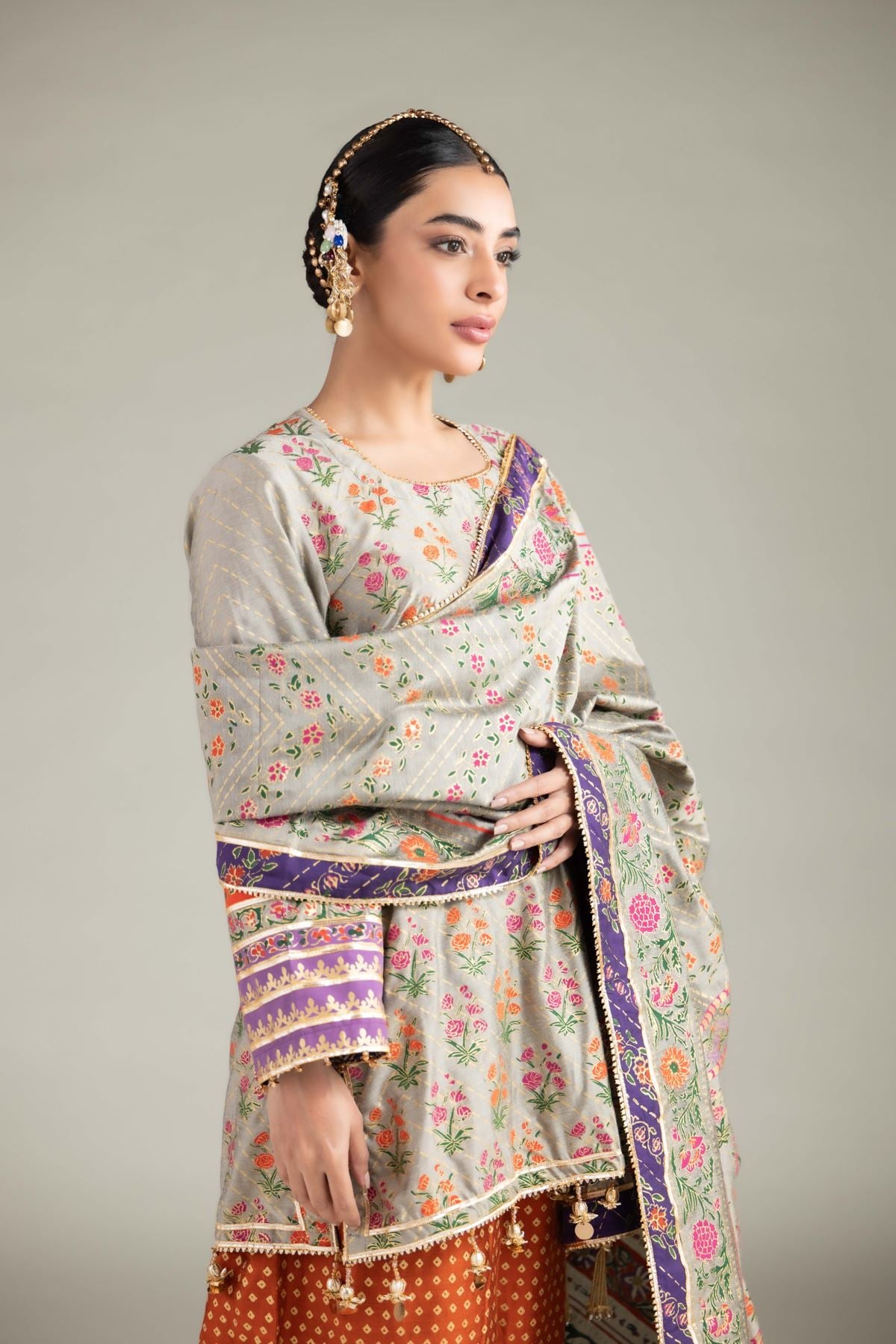 Printed Raw Silk 3 Piece Co-ord Set - 5-26-103-F-F-VG