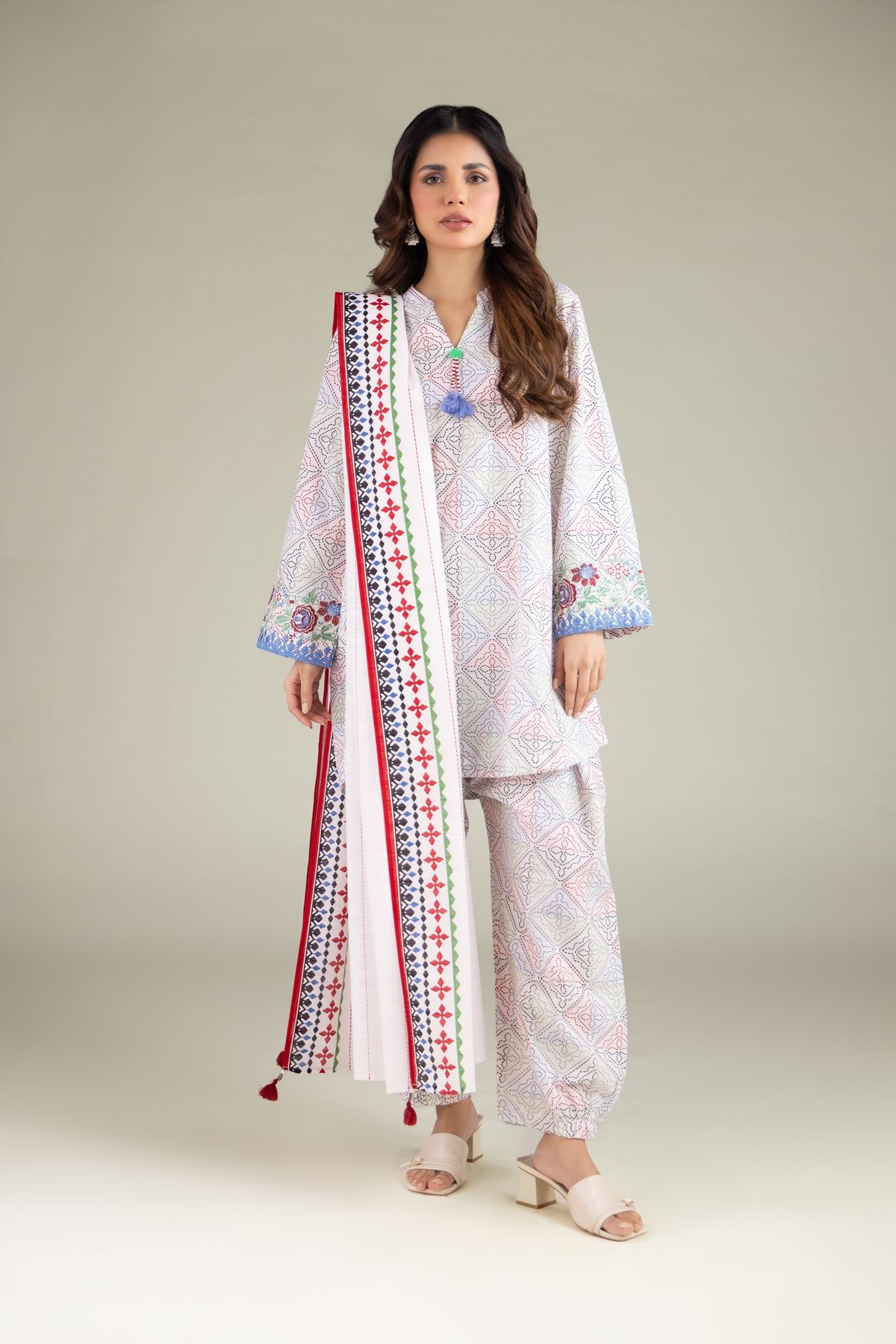 Embroidered Textured Cotton Tassel Dupatta - 1-26-115-C-A-VG
