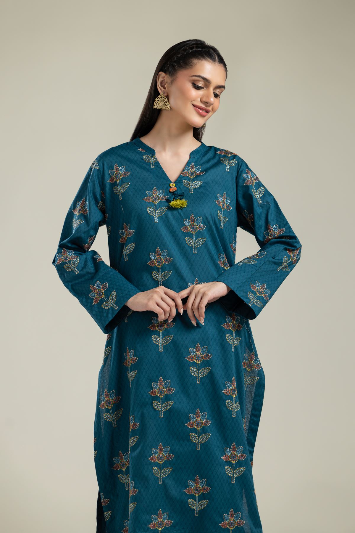 Embroidered Cotton Dobby Floral Teal Kurta - 2-26-109-A-H-VG