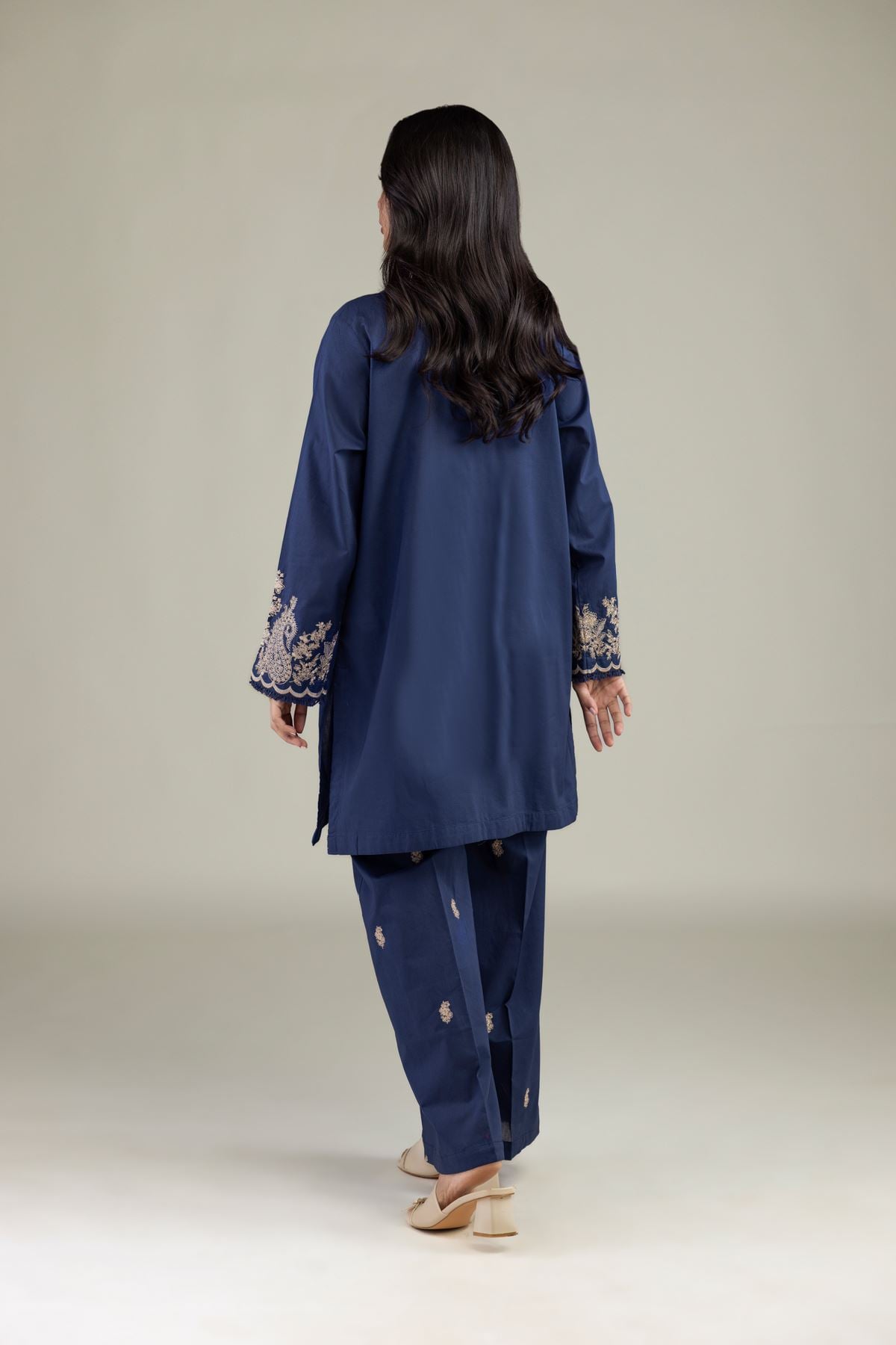 Embroidered Cambric Navy V-Neck Kurta - 8-26-303-A-C1-VG