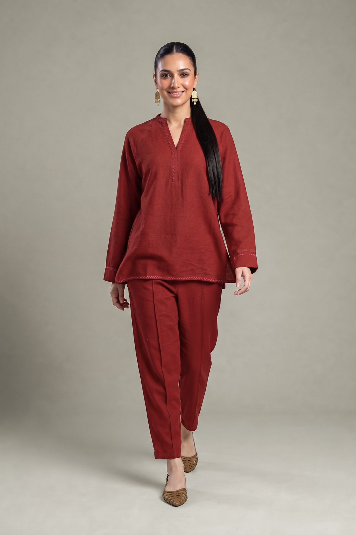 Dyed Crepe Rust V-Neck Tunic - 1-26-408-A-A1-VG