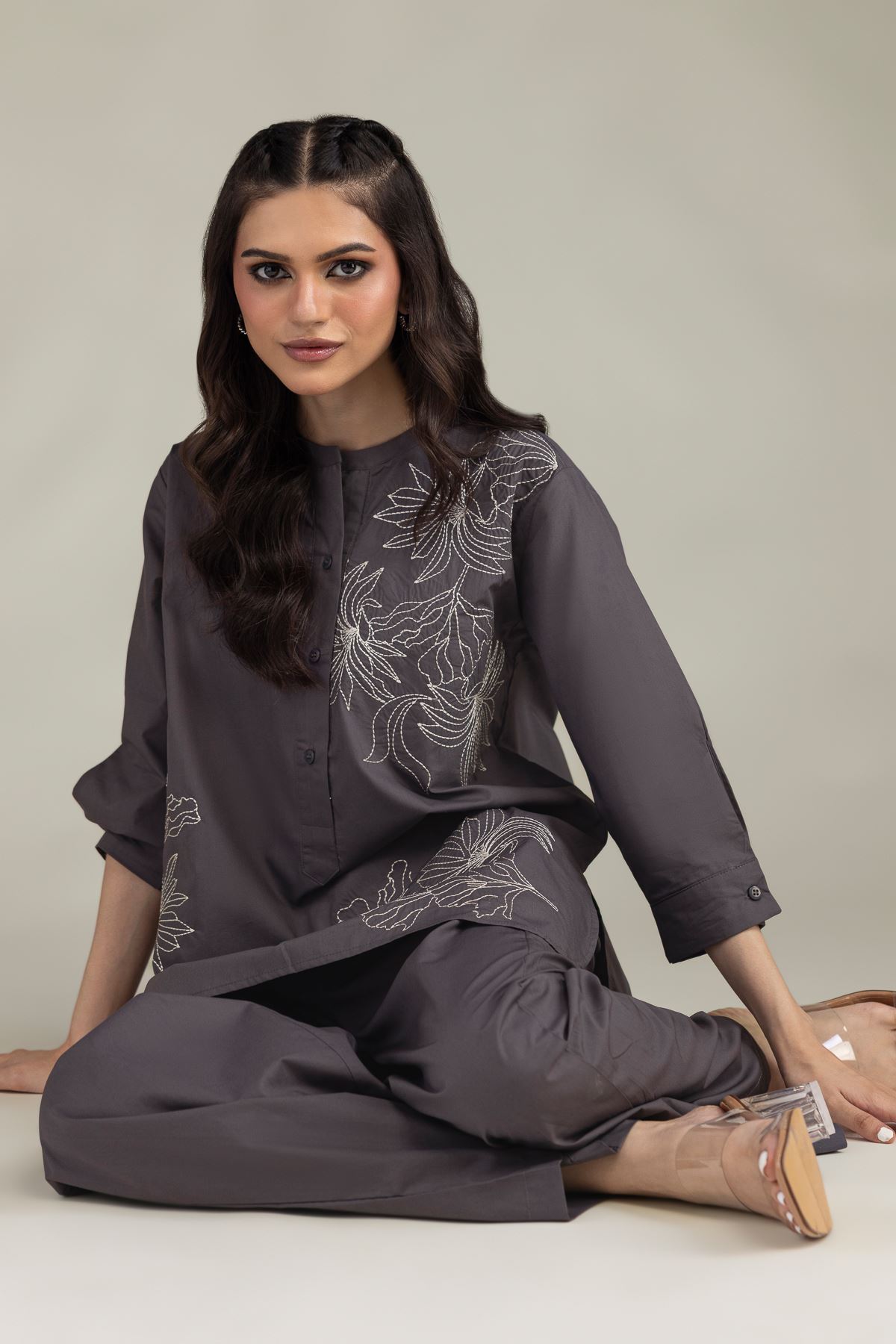Embroidered Poplin Gray Poplin Shirt - 1-26-229-B-F1-VG