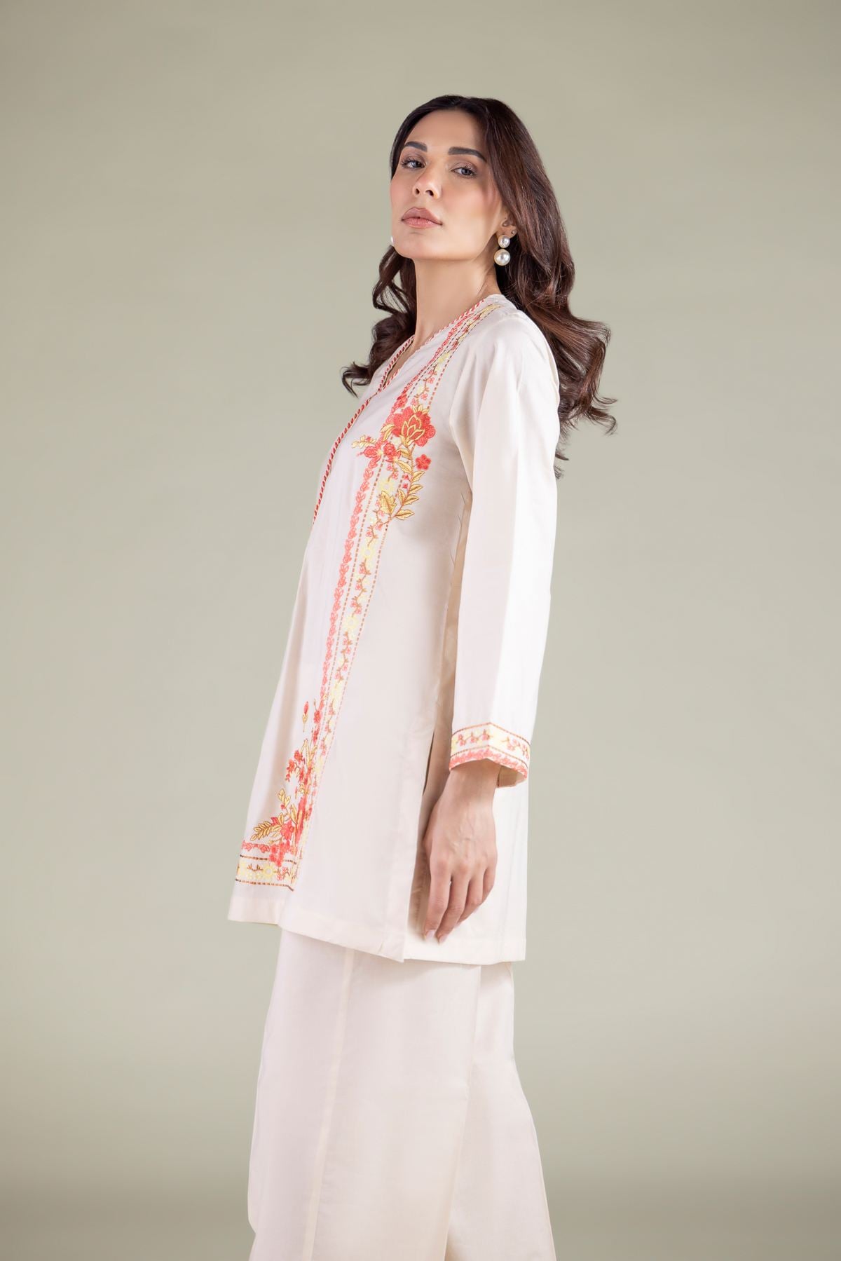 Embroidered Cambric Floral V-Neck Kurta - 1-26-127-A-A-VG