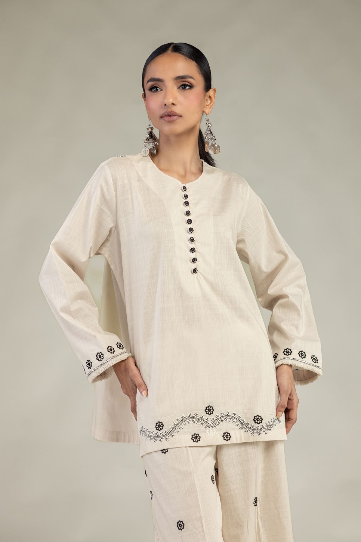 Textured Cotton Embroidered Short Round-Neck Kurta - 1-26-226-A-I1-VG