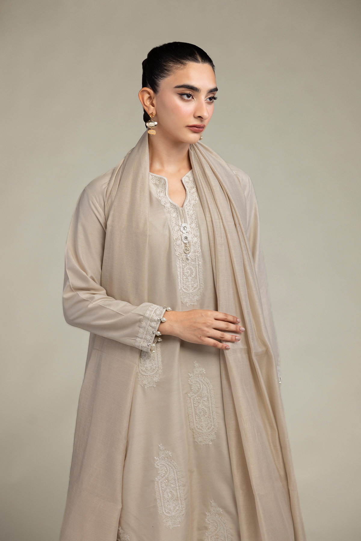 Cotton Net Paisley Beige Dupatta - 2-26-303-C-F1-VG