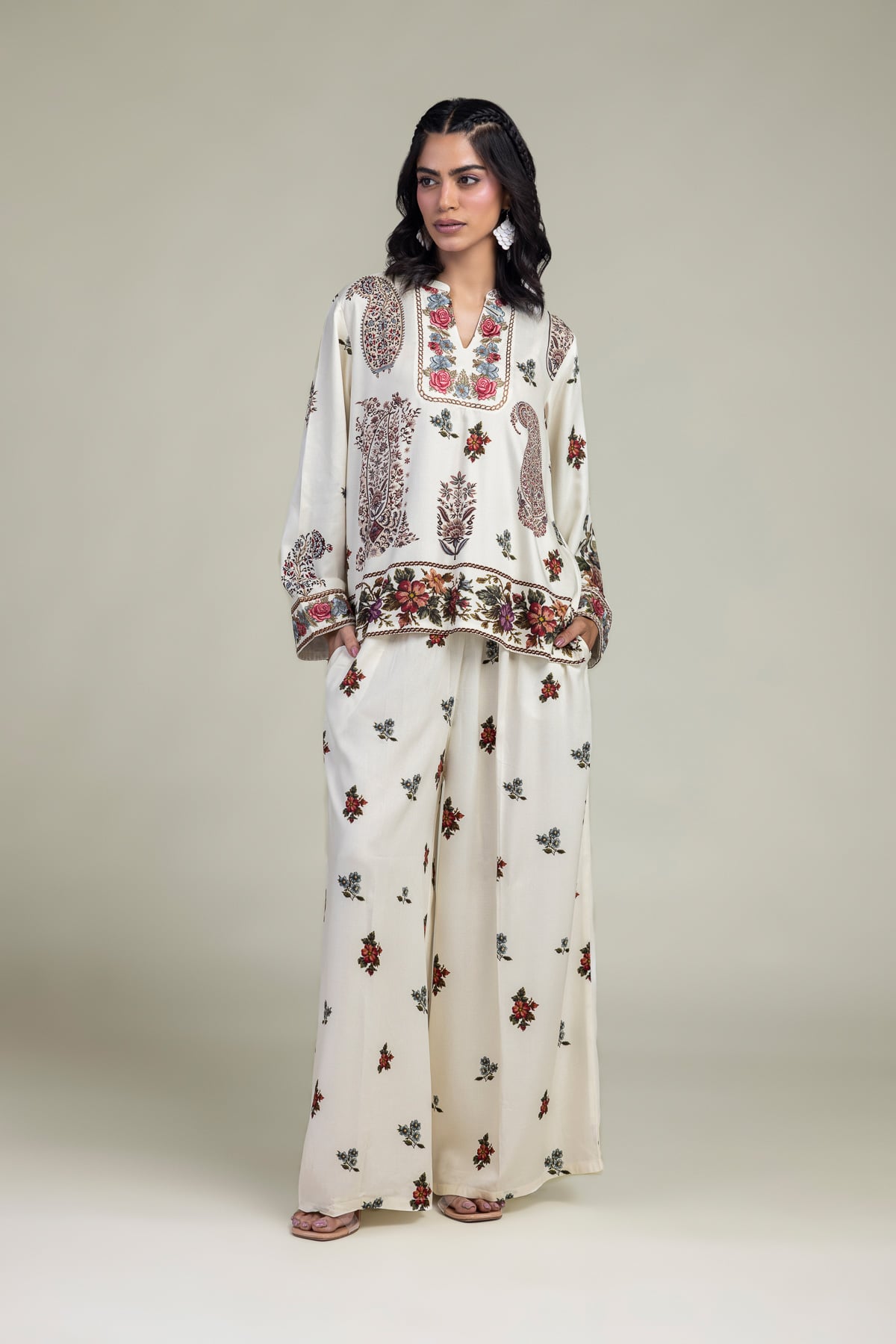 Embroidered Viscose Crepe Floral Viscose Trousers - 6-26-207-B-E1-VG