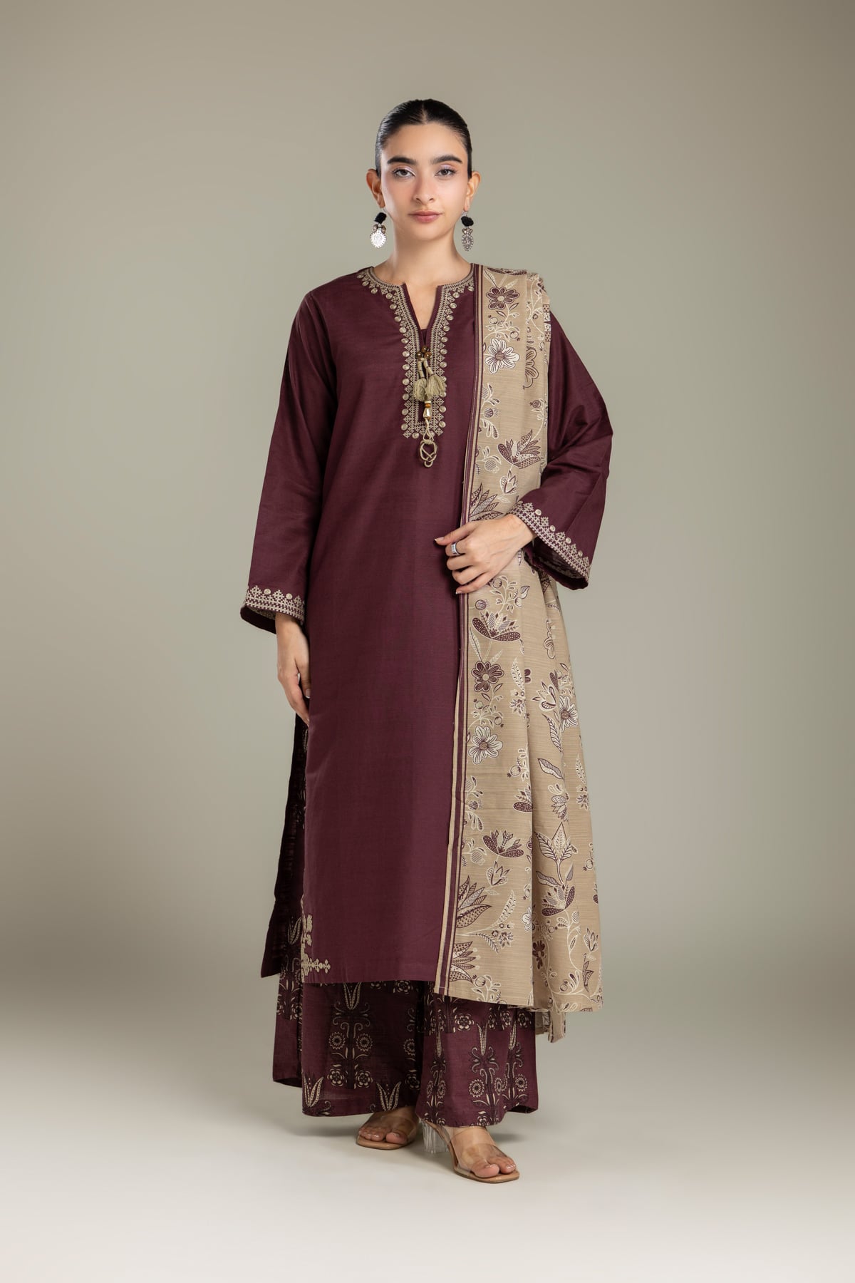 Embroidered Light Khaddar Fabrics 3 Piece - 2-26-202-A-D-VG