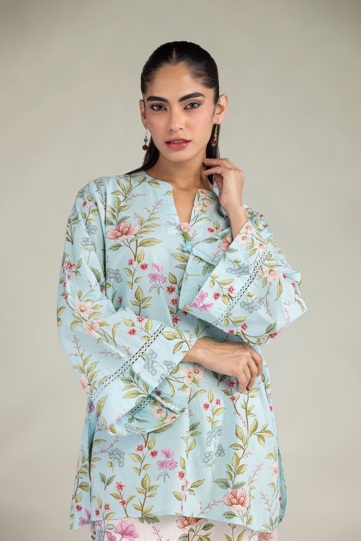 Printed Cotton Viscose Blue V-Neck Kurta - 1-26-216-B-F1-VG