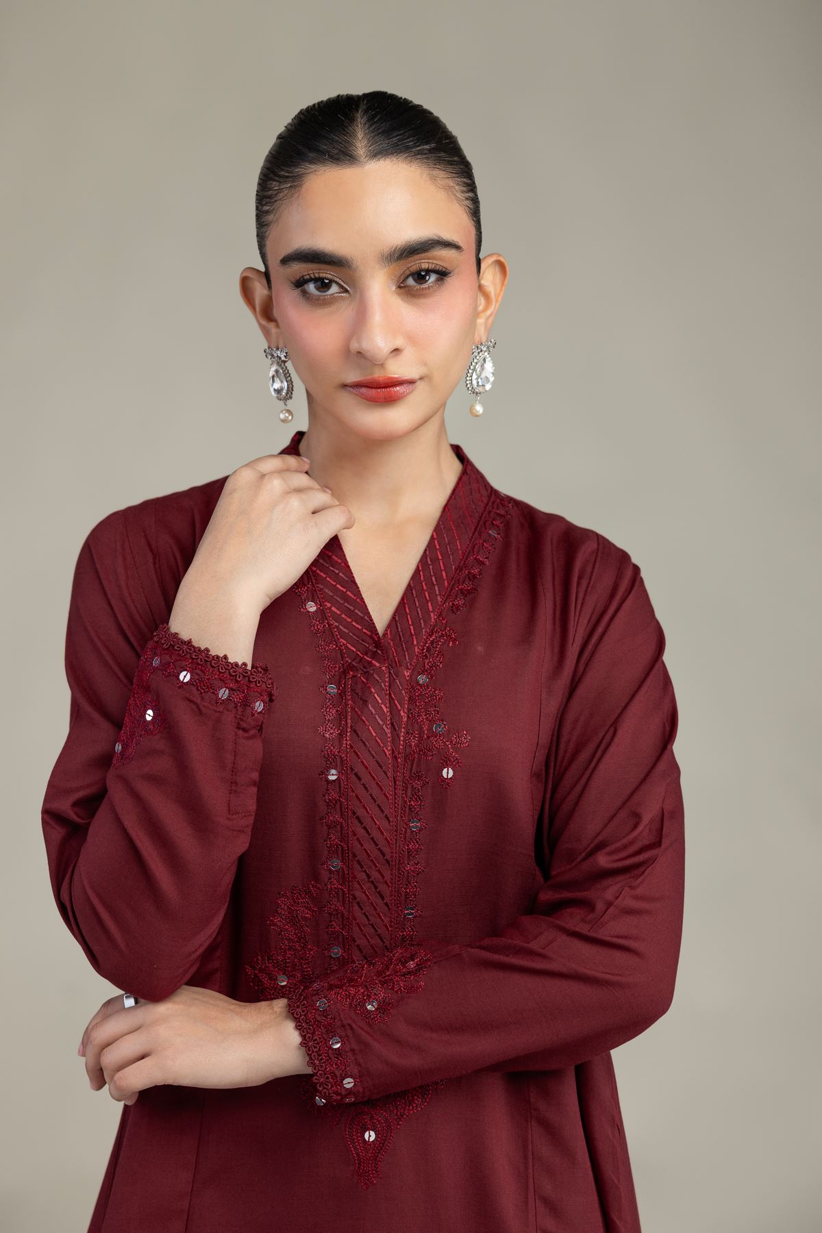 Embroidered Raw Silk Maroon V-Neck Kurta - 1-26-225-A-C1-VG