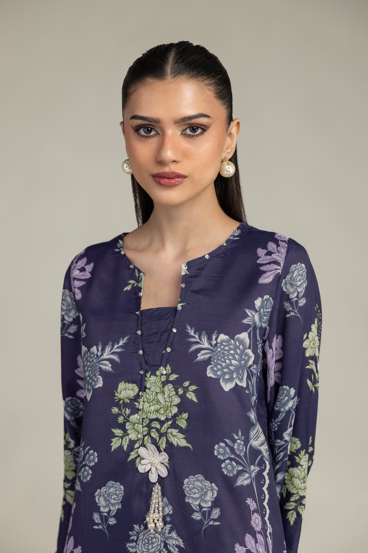 Embroidered Raw Silk Navy Longline Kurta - 1-26-245-A-E1-VG