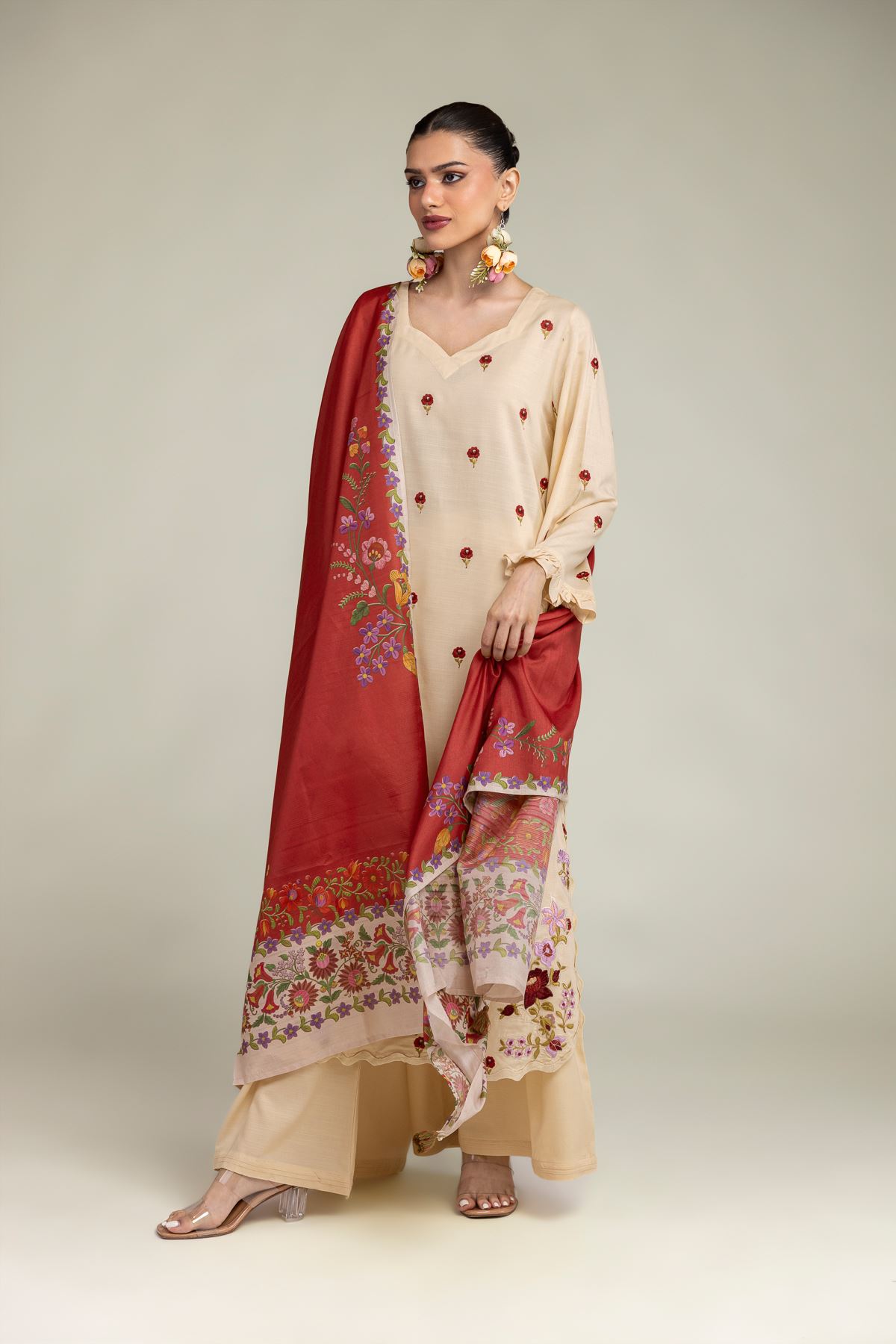 Embroidered Polyester Silk Floral Red Dupatta - 1-26-203-A-F1-VG