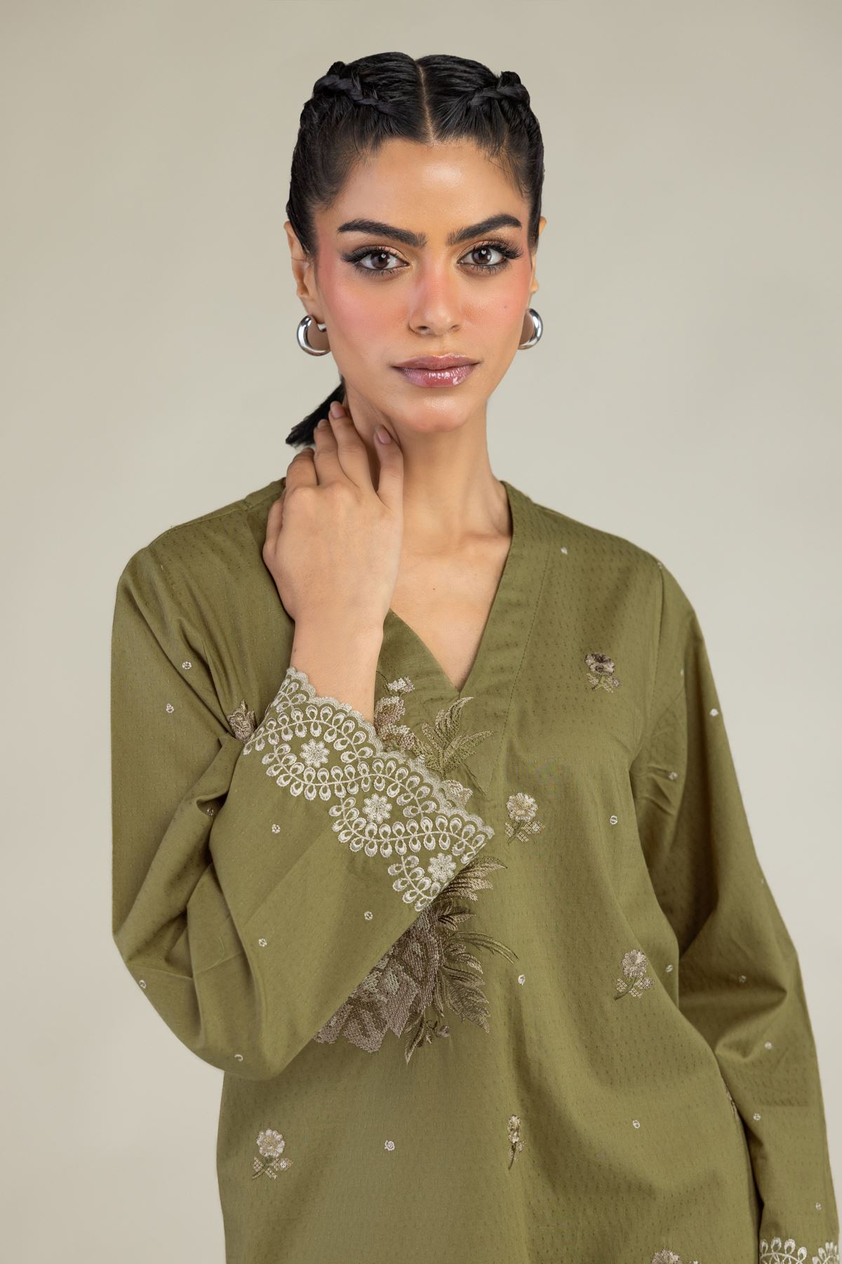 Embroidered Cotton Dobby Olive V-Neck Kurta - 25-10-12E5-12TA-VG