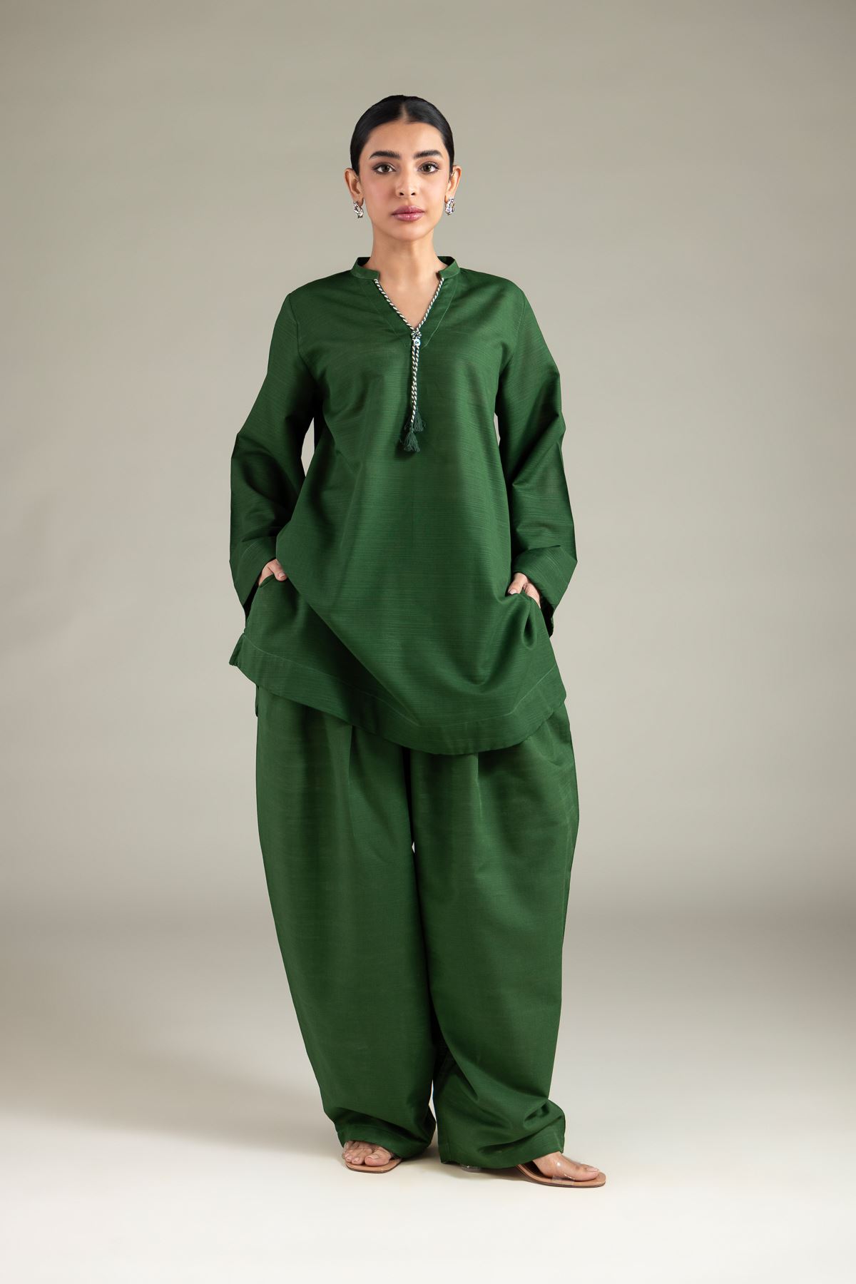Dyed Textured Cotton Solid Drawstring Kurta - 1-26-125-A-E-VG