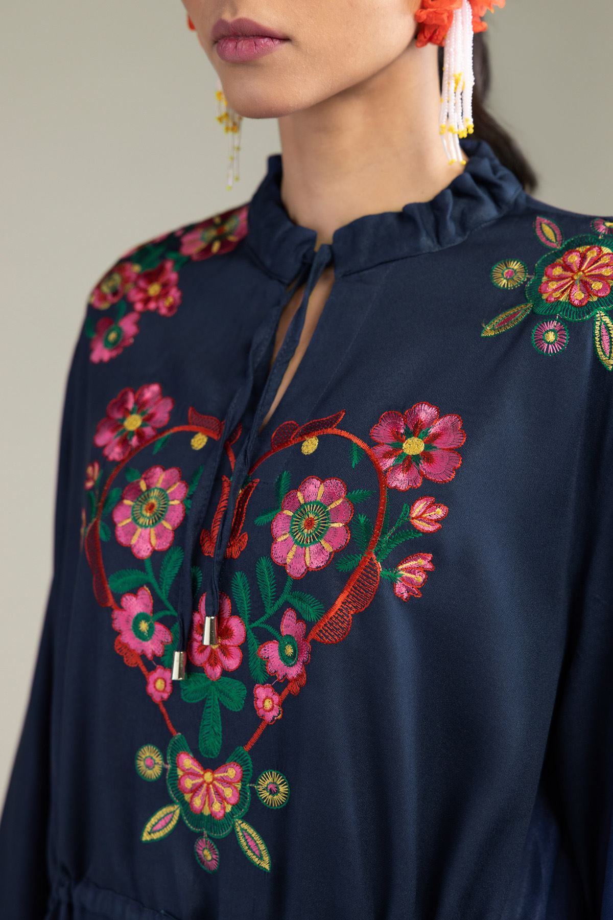 Embroidered Viscose Crepe Floral Navy Tunic - 2-26-202-A-D-VG