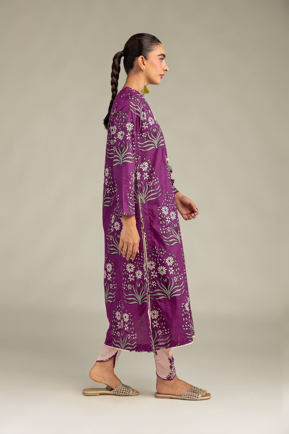 Printed Cambric V-Neck Longline Kurta - 2-26-308-A-G1-VG