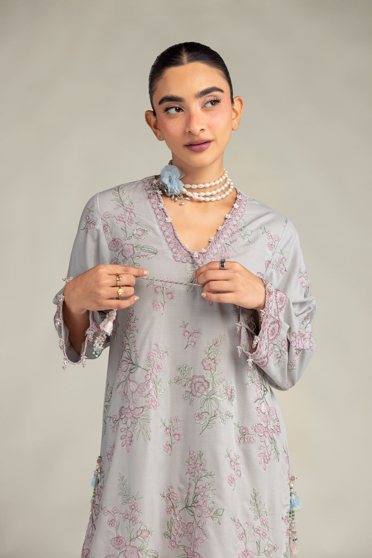 Embroidered Raw Silk Floral V-Neck Kurta - 1-26-322-B-A1-VG