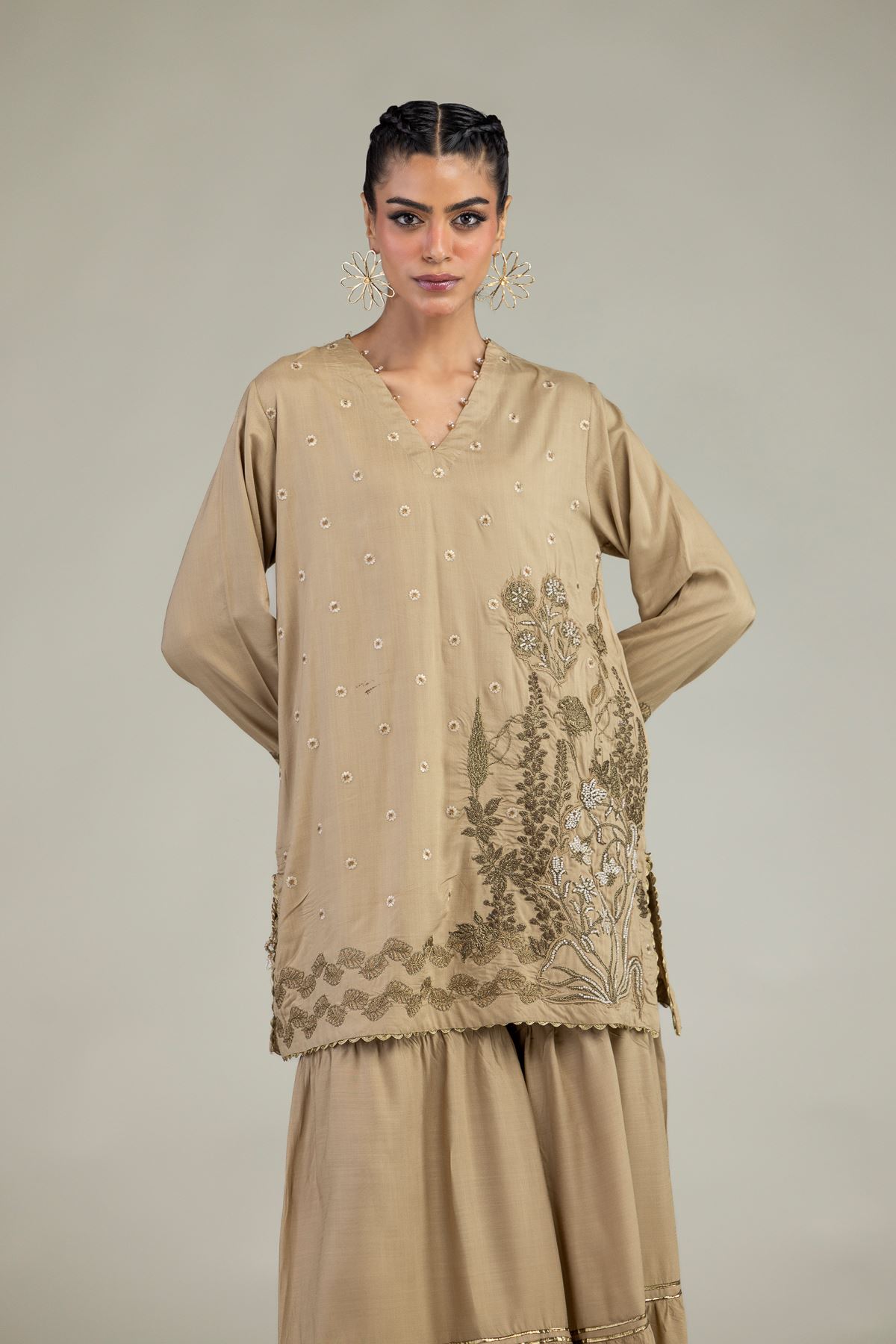 Embroidered Raw Silk Floral V-Neck Kurta - 2-26-203-A-F1-VG