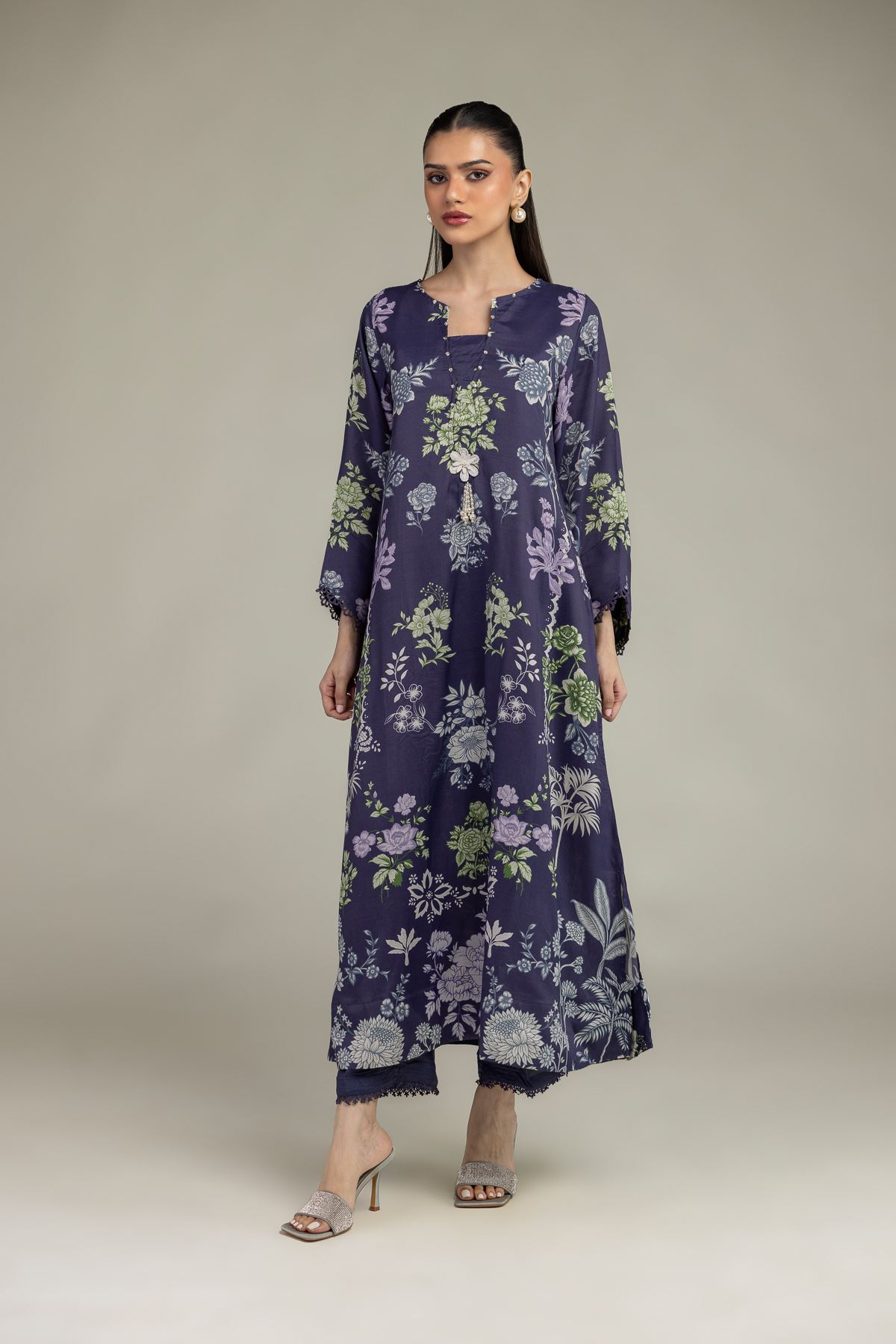 Embroidered Raw Silk Navy Longline Kurta - 1-26-245-A-E1-VG