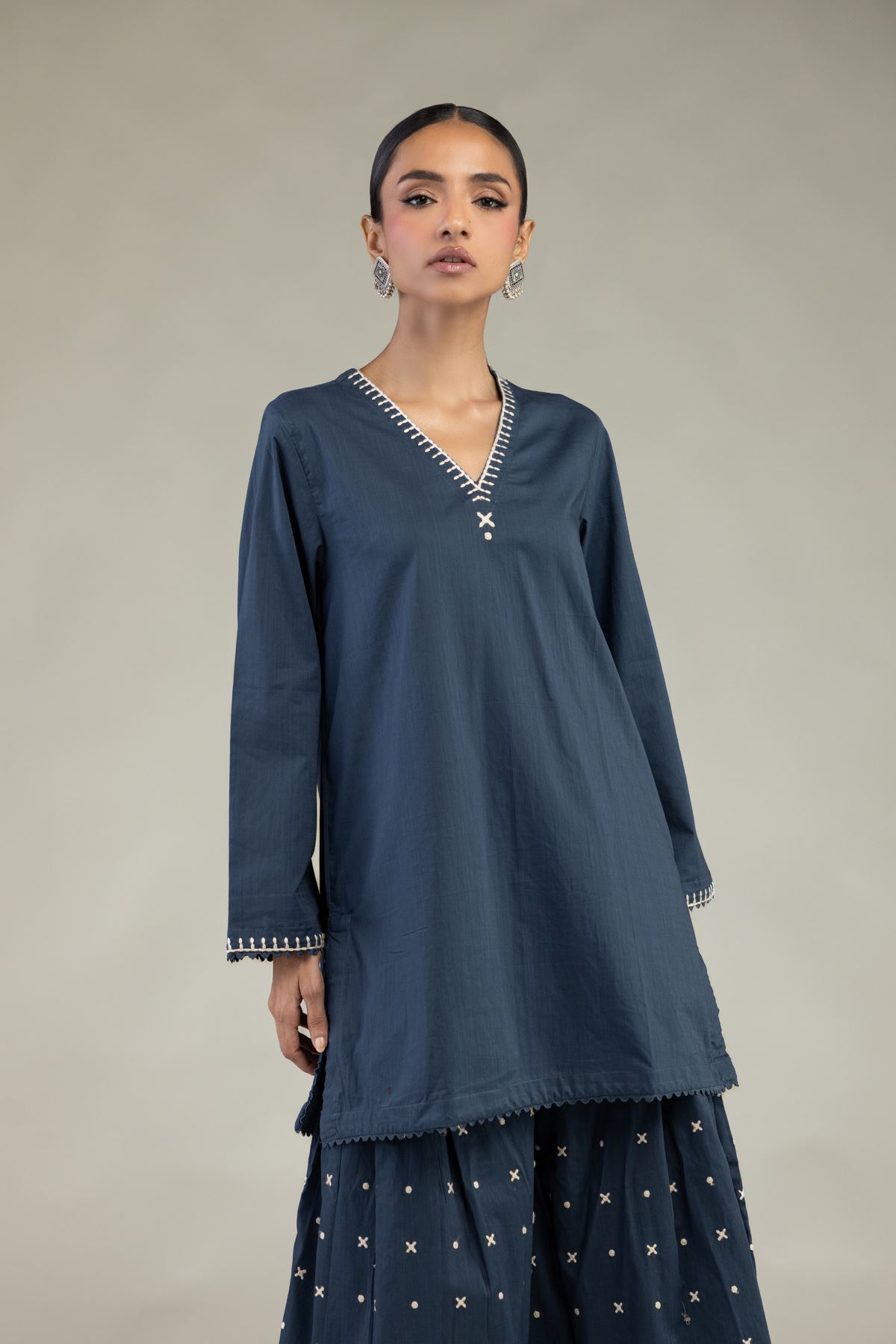 Textured Cotton Embroidered Long V-Neck Kurta - LK04A-VG