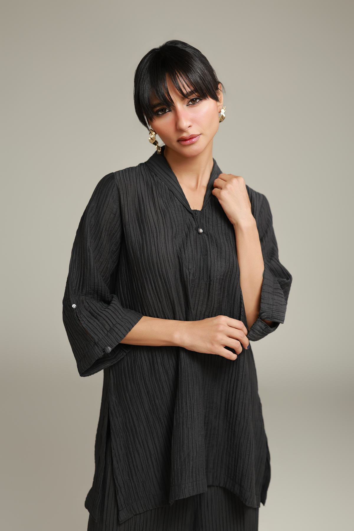 Dyed Blended Crinkle Black Crinkle Kurta - 26-02-1E13-02TA-VG