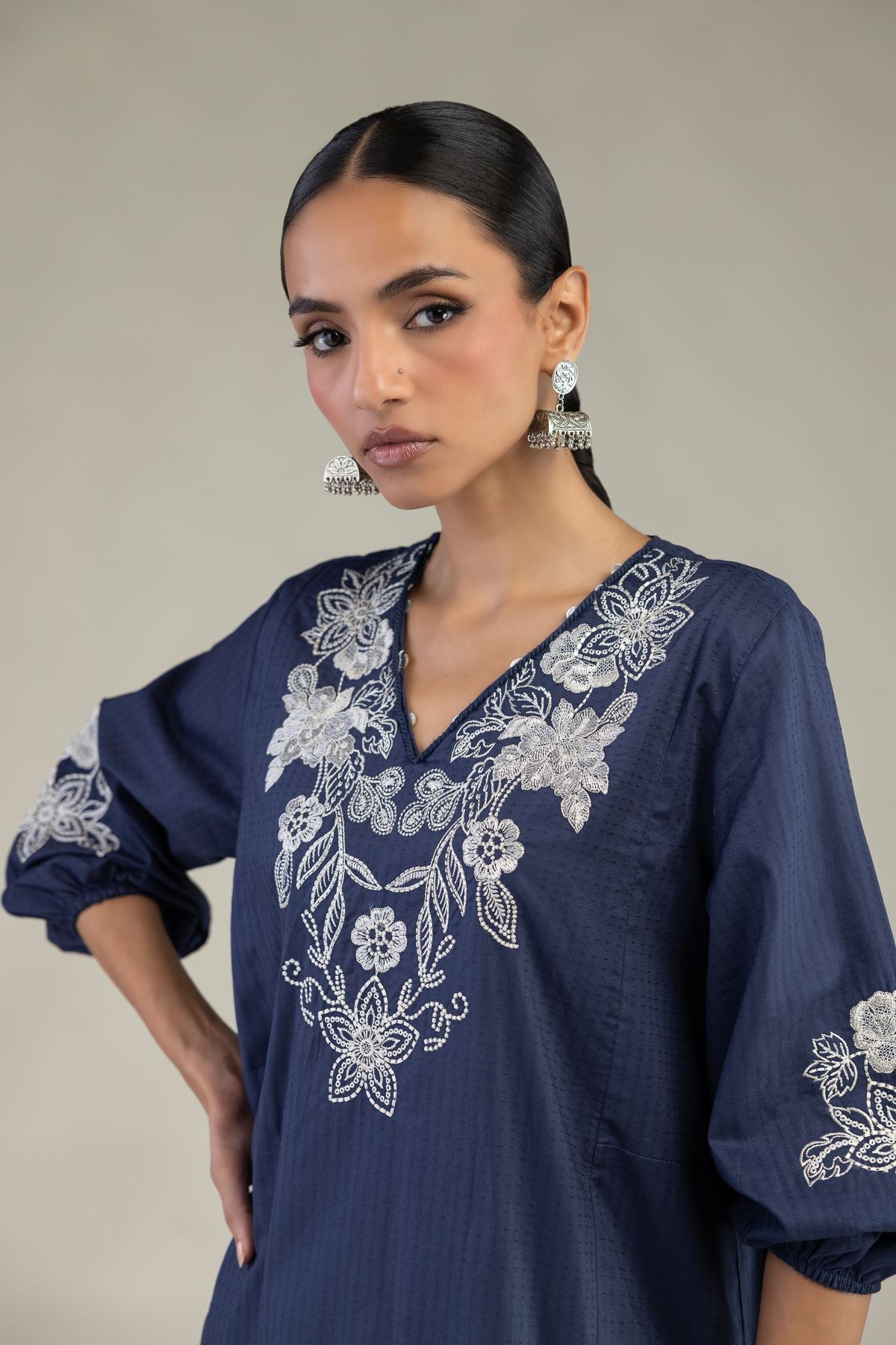 Embroidered Cotton Dobby Floral V-Neck Kurta - 1-26-241-A-A1-VG