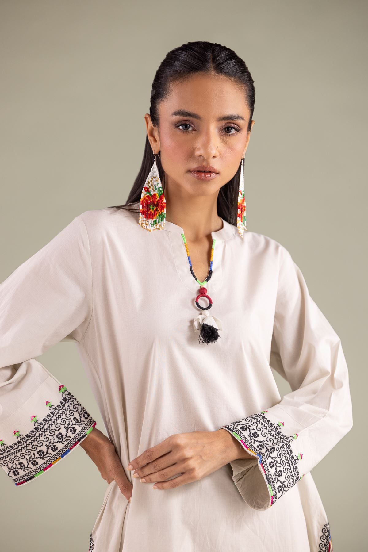 Embroidered Cambric Floral Threadwork Kurta - 1-26-108-A-F-VG