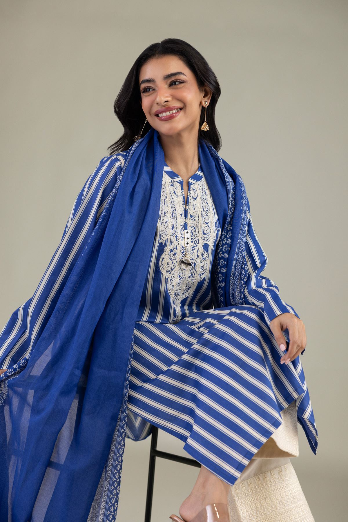 Embroidered Cambric Blue Tailored 3-Piece - 2-26-303-B-F1-VG