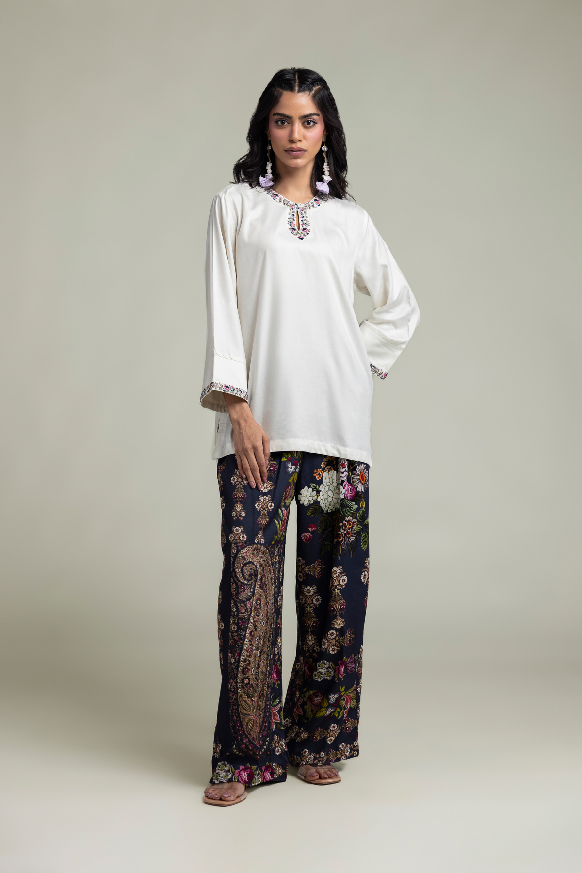 Embroidered Viscose Crepe Solid Viscose Tunic - 6-26-207-B-E1-VG