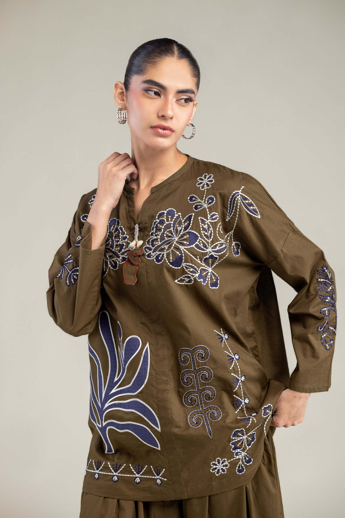 Embroidered Cambric Floral V-Neck Blouse - 1-26-102-A-F-VG