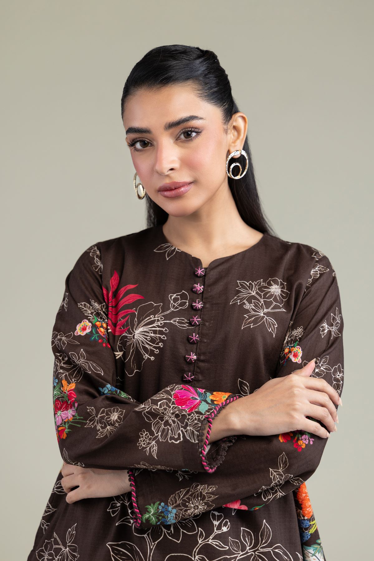 Printed Cotton Dobby Floral Brown Kurta - 8-26-204-A-D1-VG