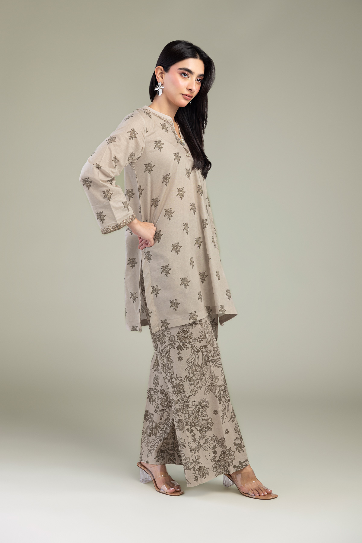 Embroidered Cambric Beige Floral Pants - 1-26-102-A-F-VG