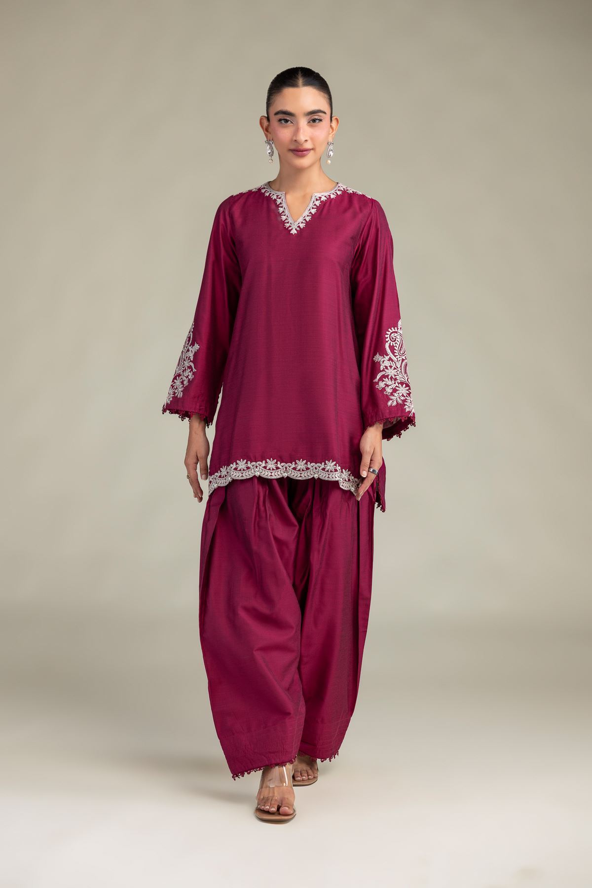 Printed Raw Silk Silk V-Neck Kurta - 1-26-244-A-D1-VG