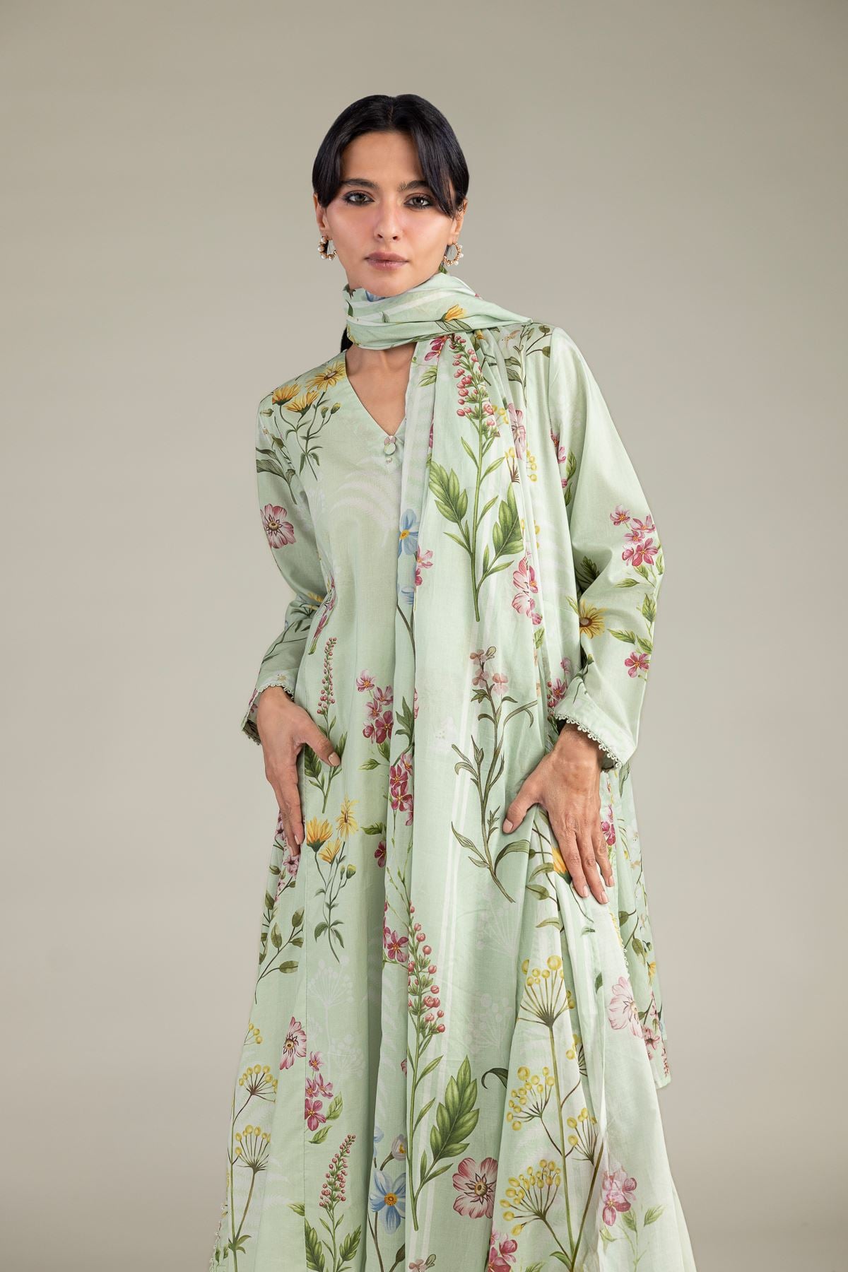 Printed Lawn Floral Mint Dupatta - B1-2-26-106-A-C-VG