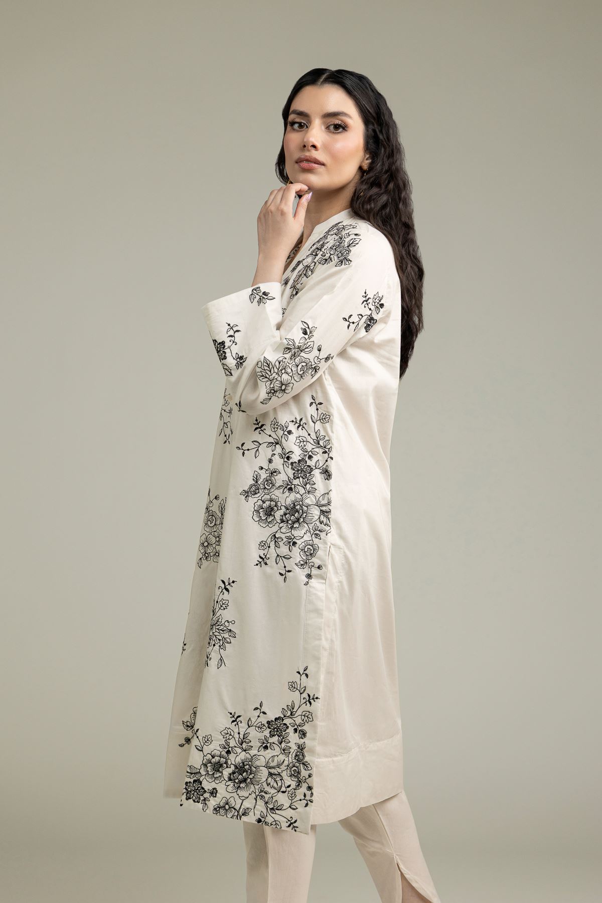 Embroidered Cambric Floral Longline Kurta - 1-26-231-A-F1-VG