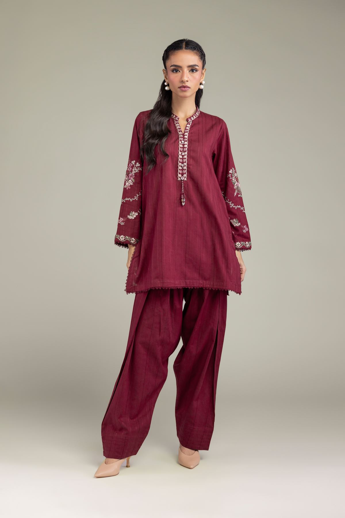 Embroidered Textured Cotton Solid Maroon Shalwar - 1-26-131-A-B-VG