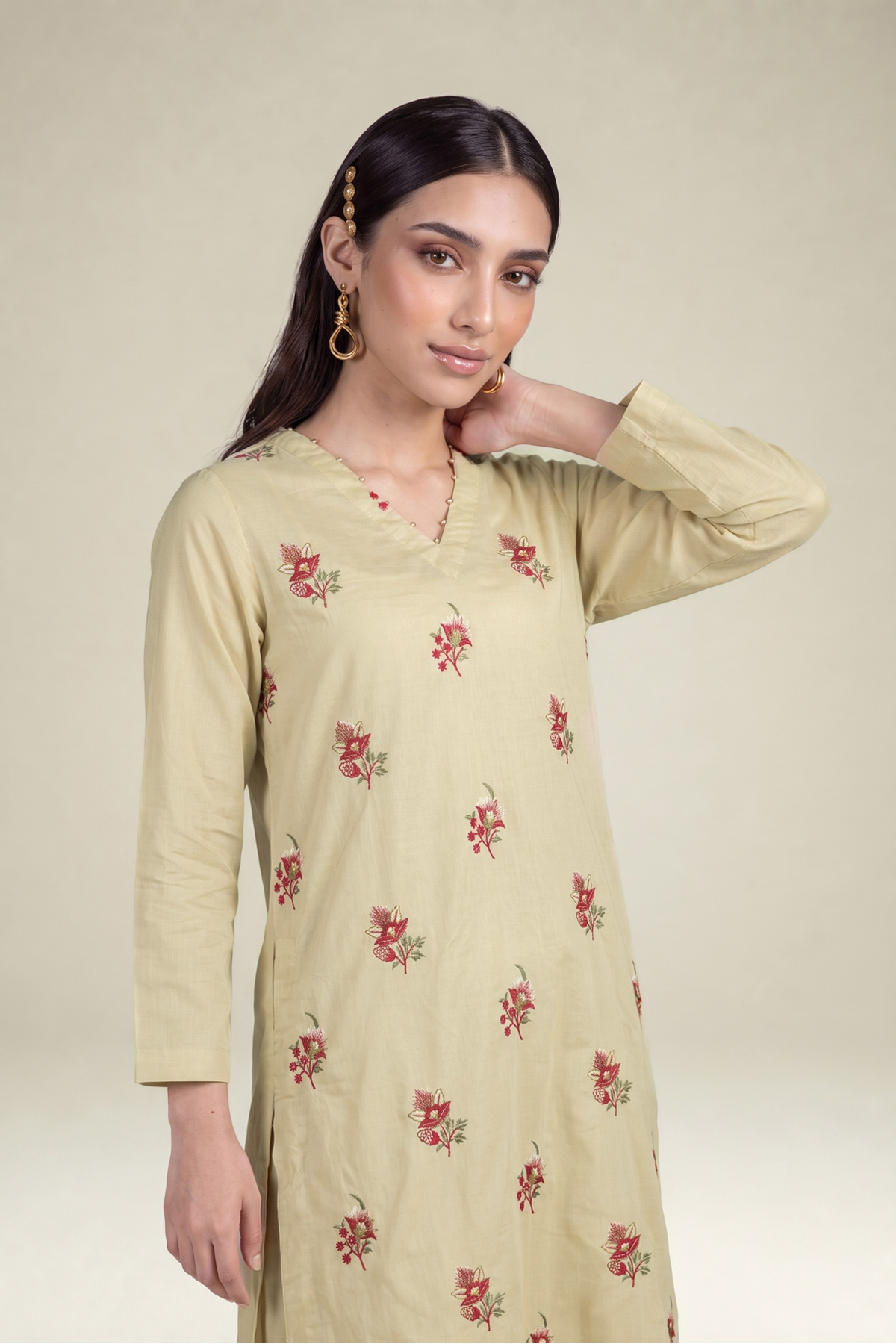 Embroidered Cambric Beige Cambric Kurta - 1-26-102-A-F-VG