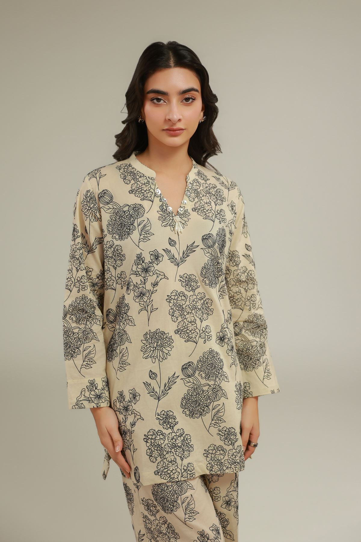Cambric Floral Buttoned Kurta - 1-26-119-A-D-VG