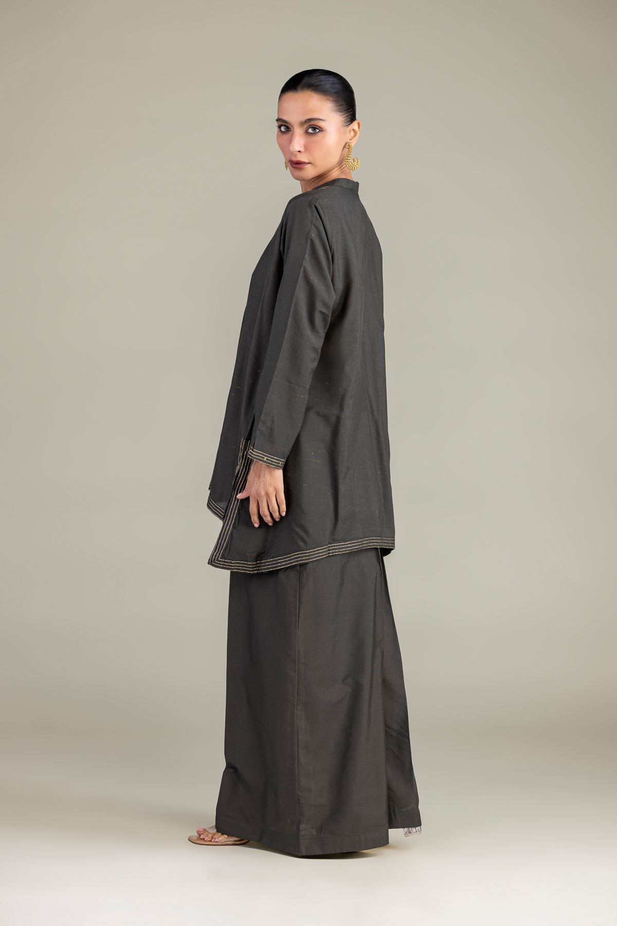 Dyed Mesuri Silk V-Neck Longline Kurta - 1-26-322-B-A1-VG
