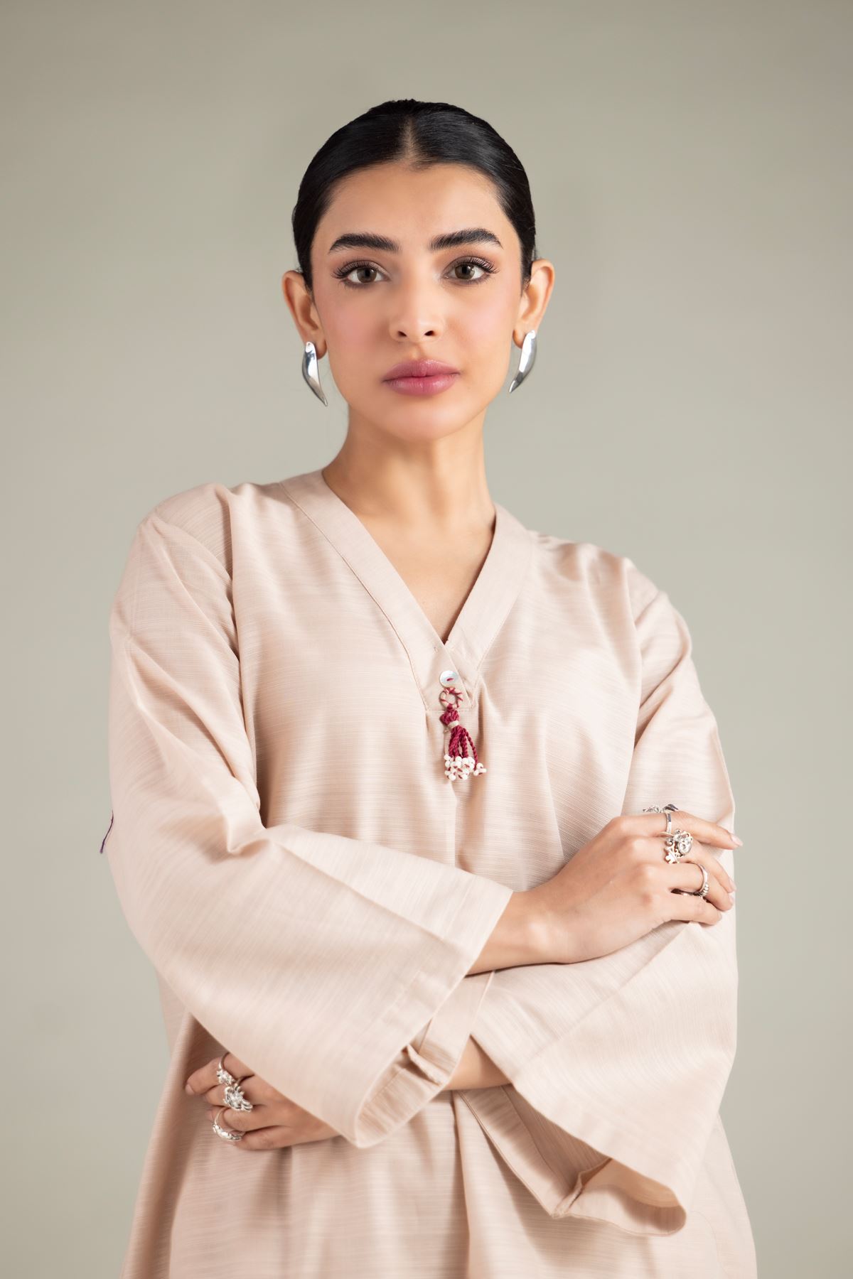 Dyed Textured Cotton V-Neck Tassel Kurta - 1-26-125-B-F-VG