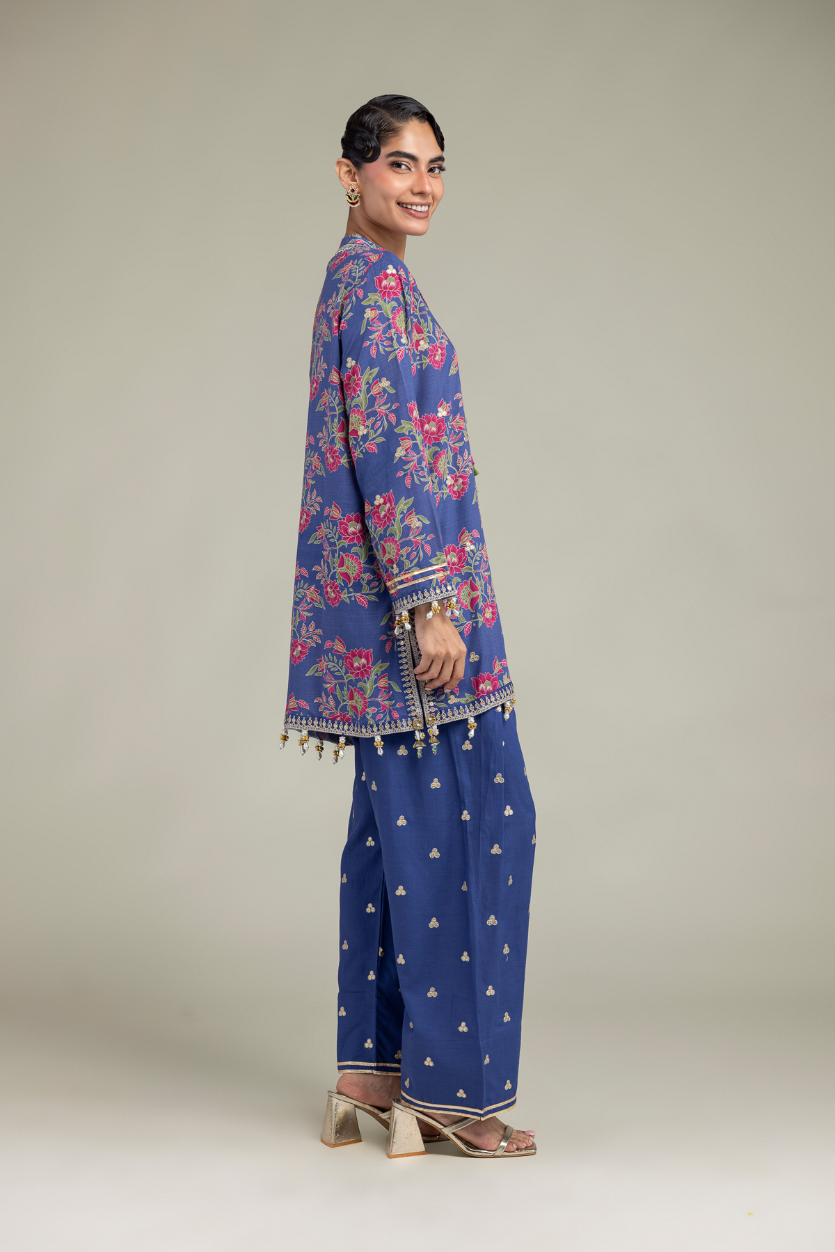 Embroidered Raw Silk Blue V-Neck Kurta - 1-26-102-A-F-VG