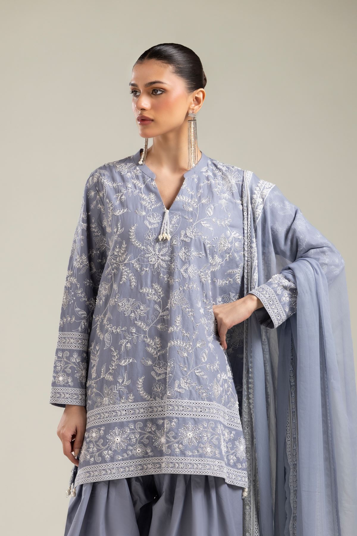 Embroidered Raw Silk 3 Piece Co-ord Set - 25-09-11E3-11TB-VG