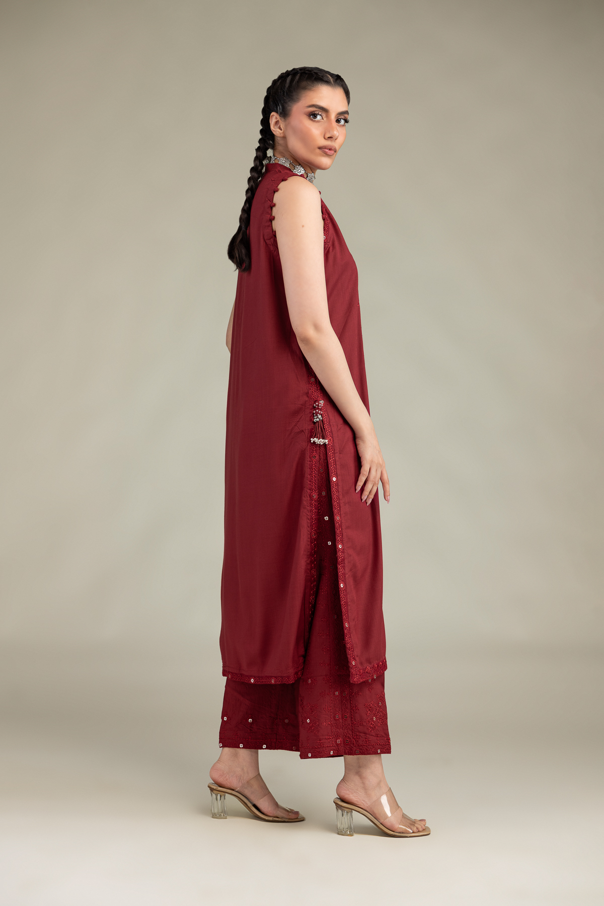 Embroidered Raw Silk Silk Solid Pants - 2-26-306-A-D1-VG