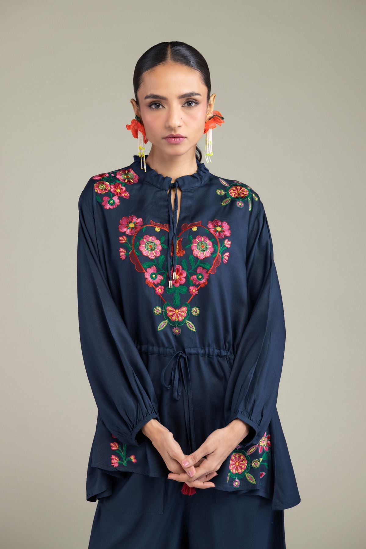 Embroidered Viscose Crepe Floral Navy Tunic - 2-26-202-A-D-VG