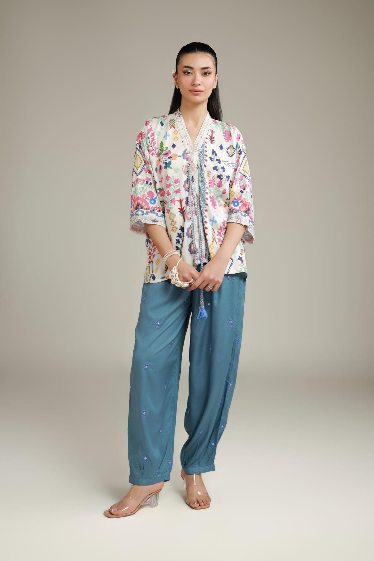 Embroidered Viscose Crepe Summer Teal Trousers - 6-26-103-A-A-VG